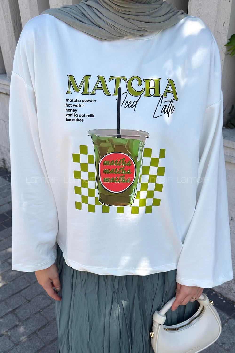 Lamelif Basic Oversize Matcha Baskılı Bluz Beyaz