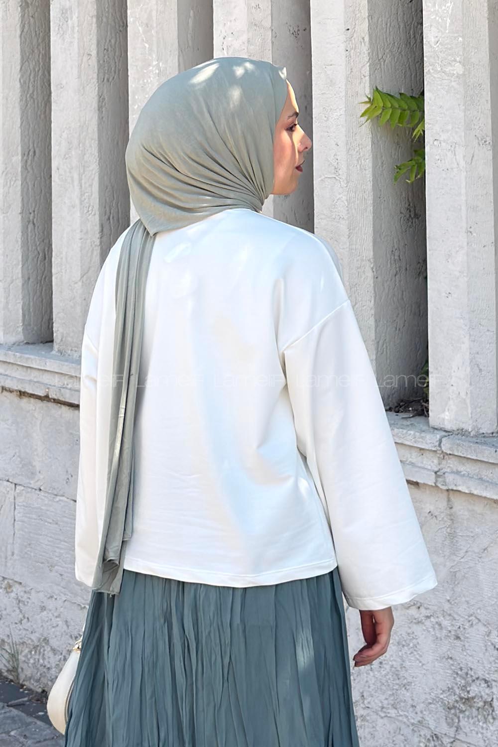 Lamelif Basic Oversize Matcha Baskılı Bluz Beyaz