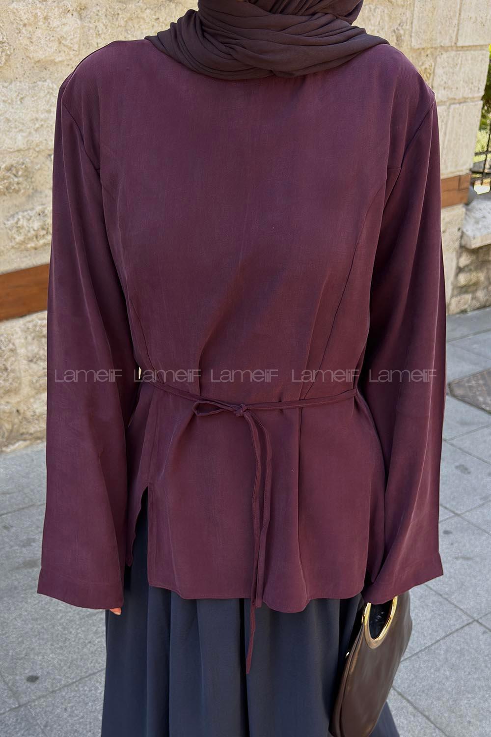 Lamelif Sırt Bağlama Detaylı Tensel Gömlek Mürdüm