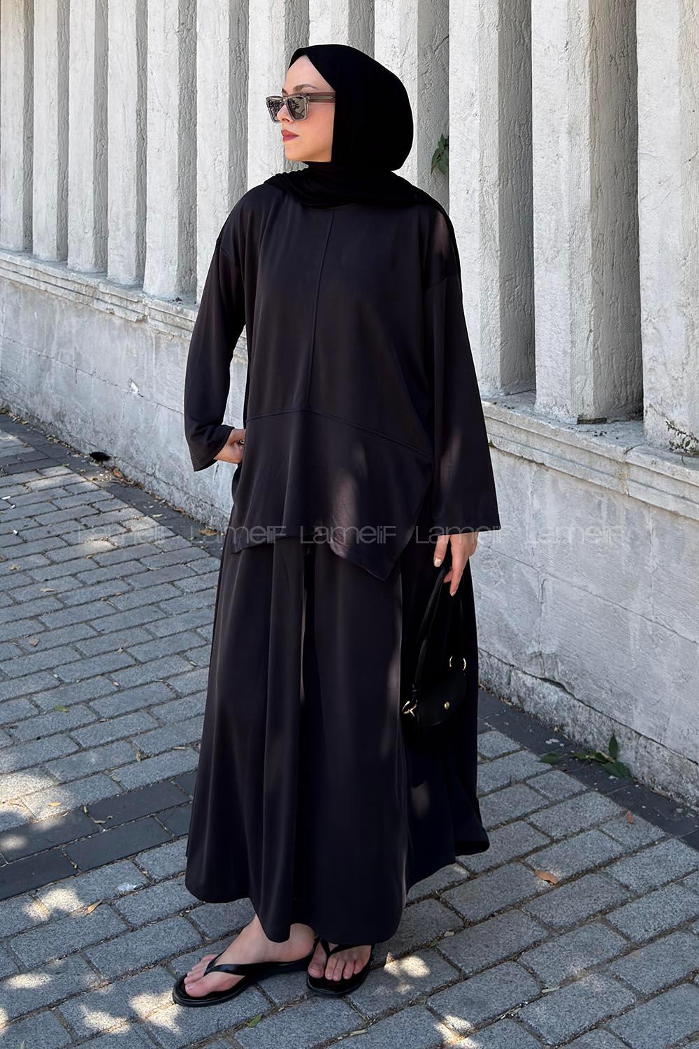 Black Crew Neck Long Arm Oysho Flared Skirt Suit