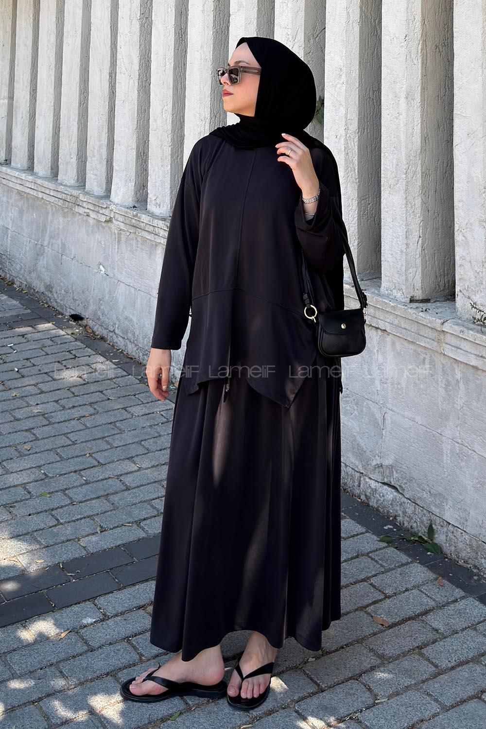 Black Crew Neck Long Arm Oysho Flared Skirt Suit