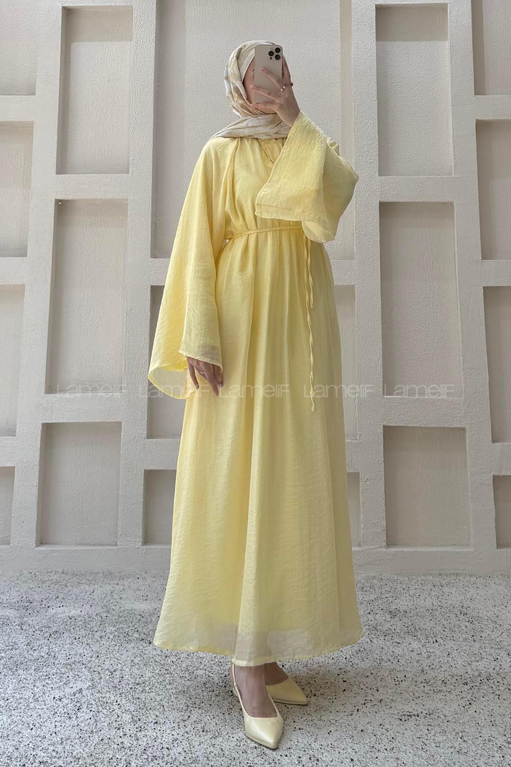 Lamelif Biyeli Tesettür Şifon Elbise Sarı