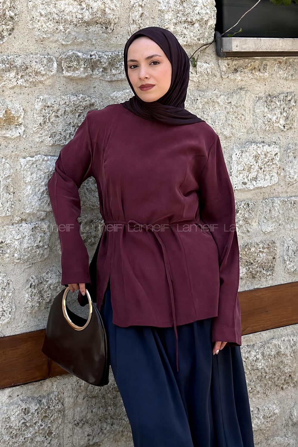 Lamelif Sırt Bağlama Detaylı Tensel Gömlek Bordo