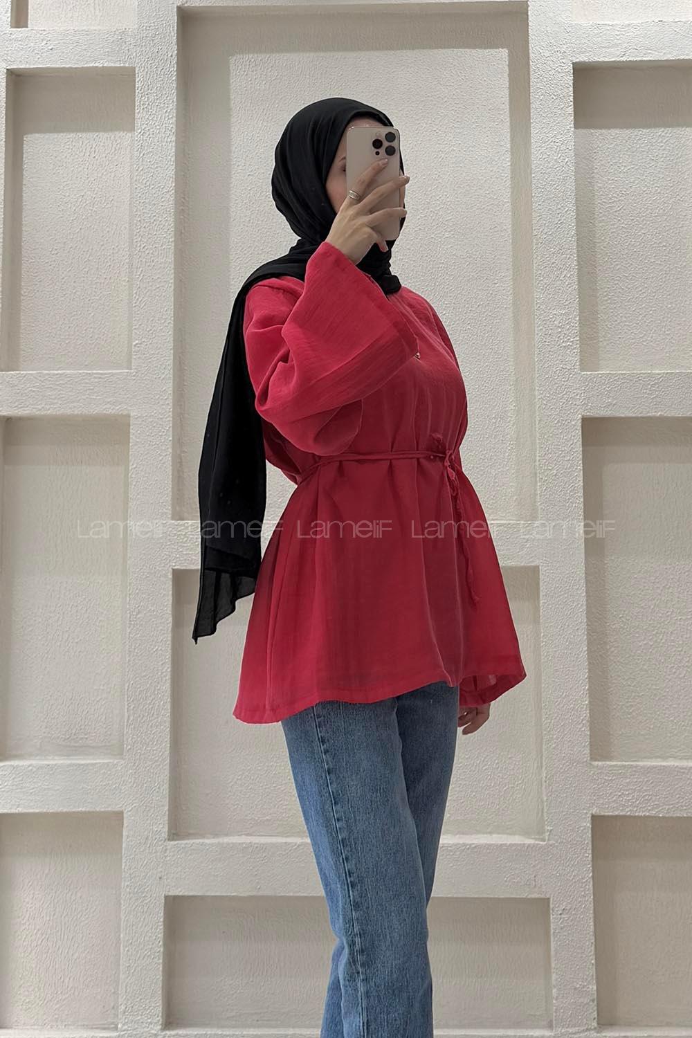 Lamelif Bağlama Detaylı Tül Modal  Tunik Kırmızı