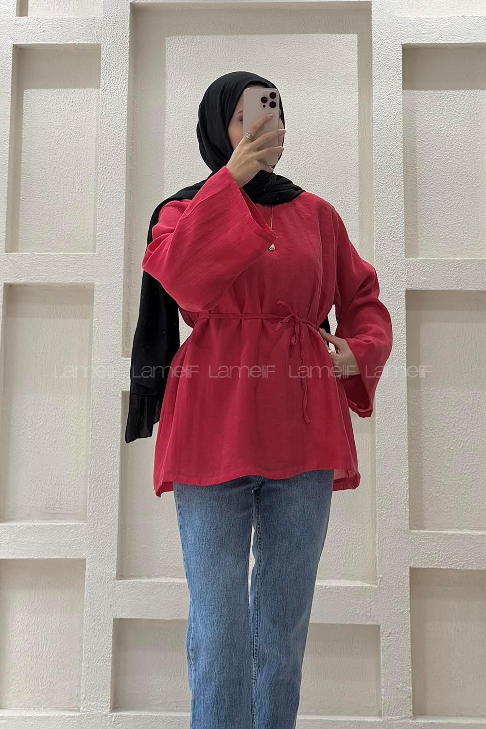 Lamelif Bağlama Detaylı Tül Modal  Tunik Kırmızı