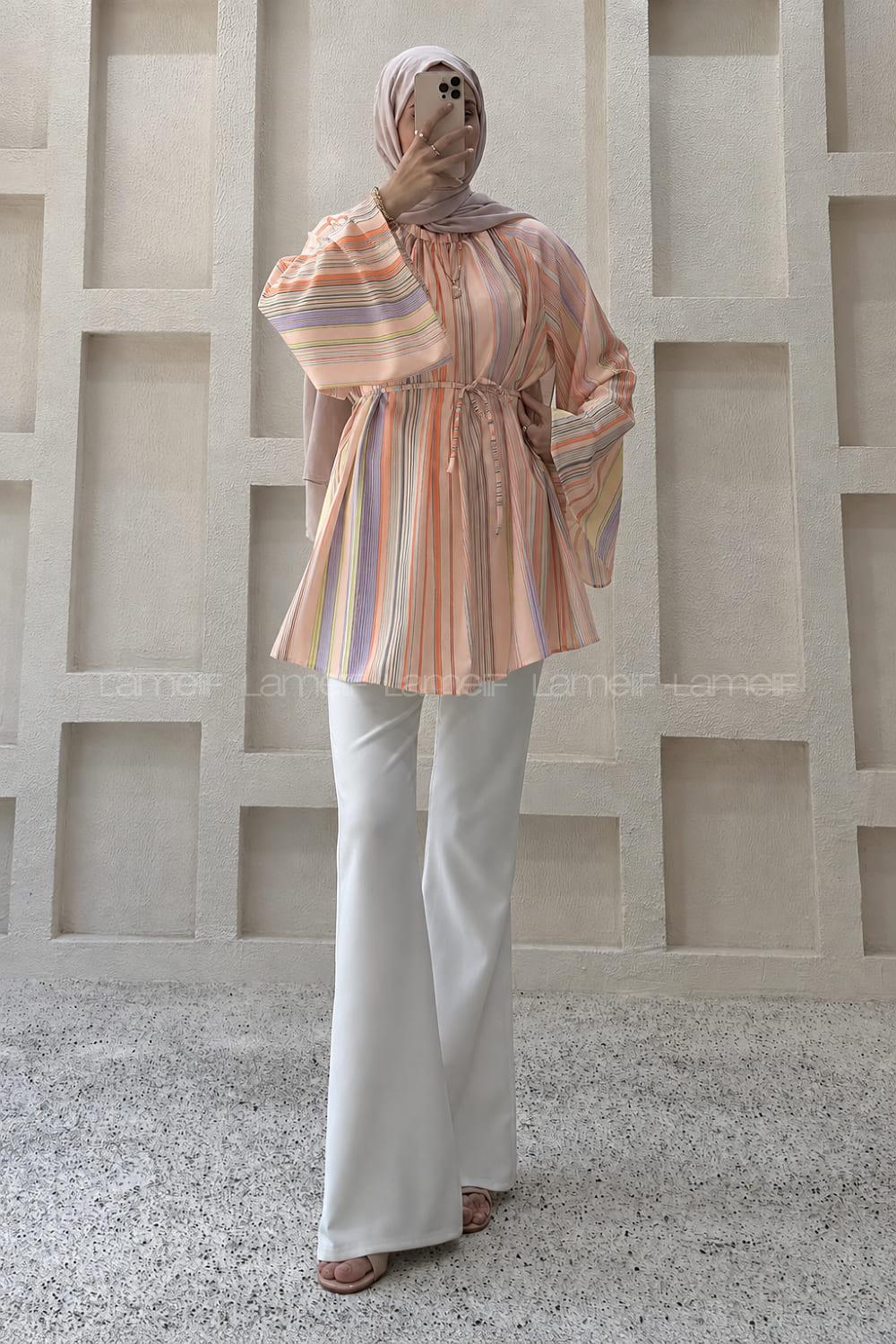 Lamelif Çizgili Bağlama Detaylı Gömlek Turuncu