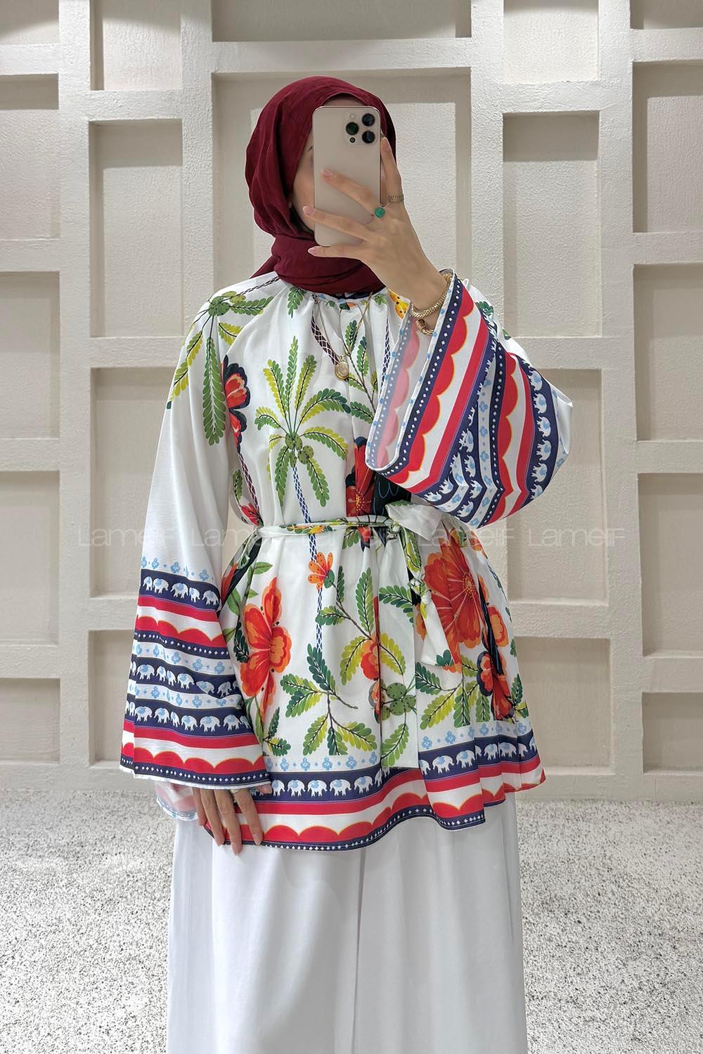 Lamelif Otantik Desenli Tunik Beyaz