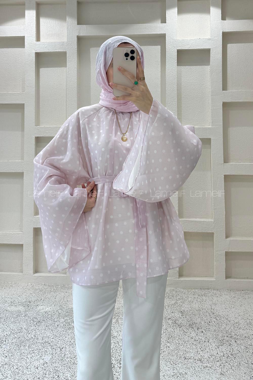 Lamelif Puantiyeli Bağlama Detaylı Tunik Pembe