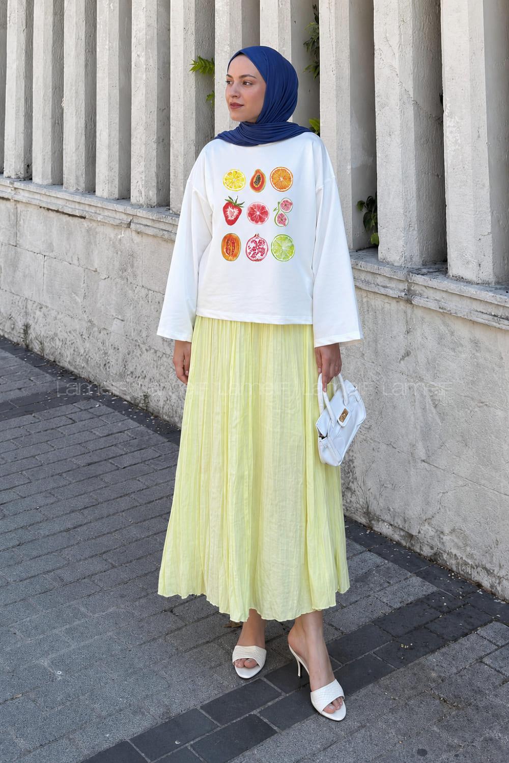 Lamelif Basic Oversize Meyve Baskılı Bluz Beyaz