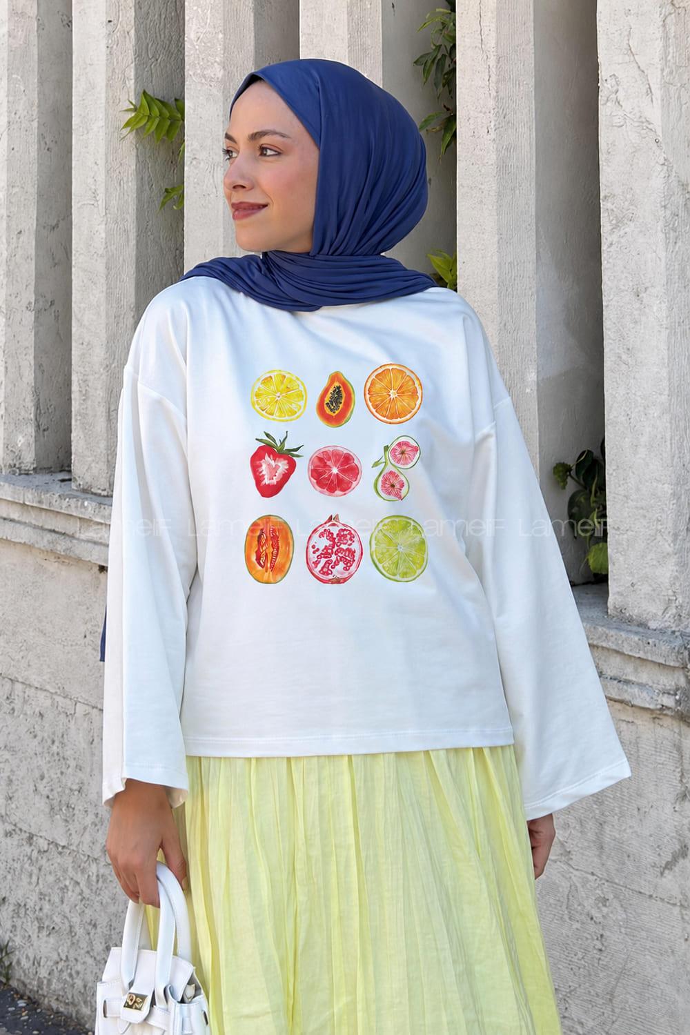 Lamelif Basic Oversize Meyve Baskılı Bluz Beyaz