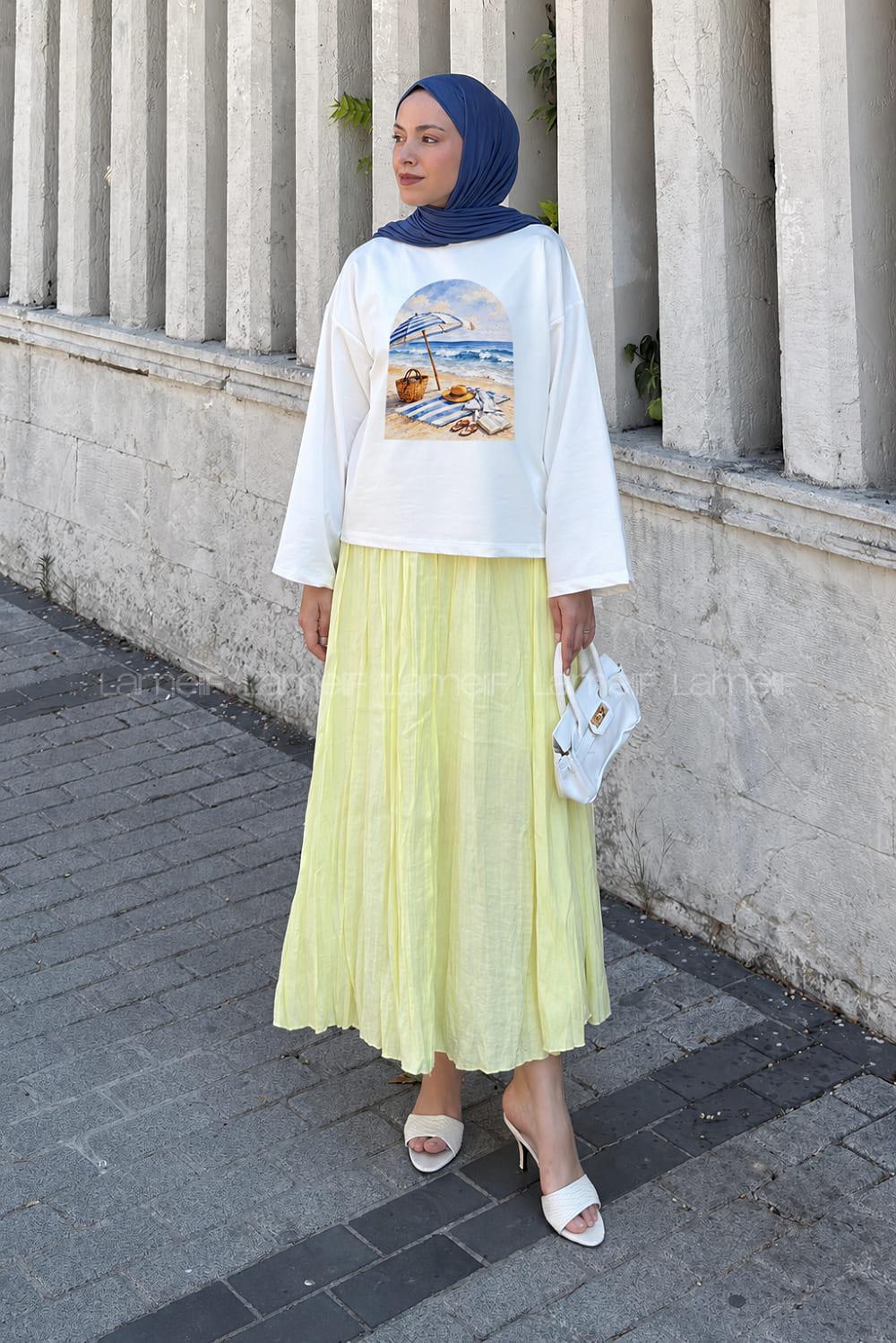 Lamelif Basic Oversize Plaj Baskılı Bluz Beyaz