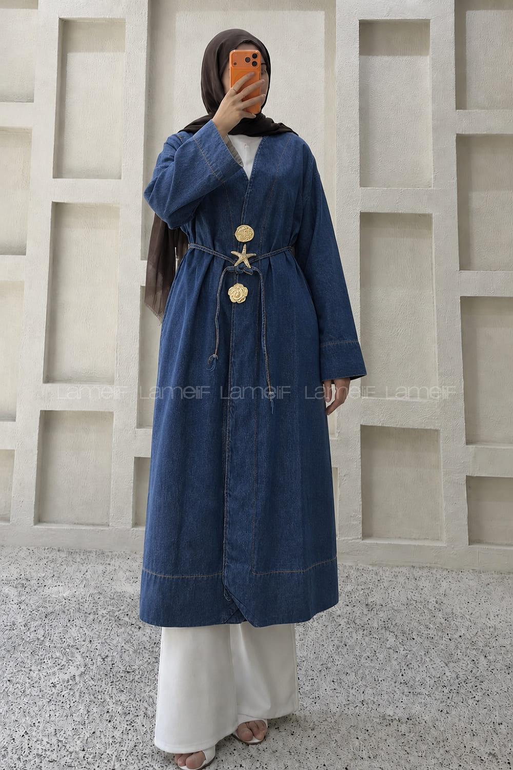 Lamelif Gold Broş Detaylı Denim Kimono Koyu Mavi