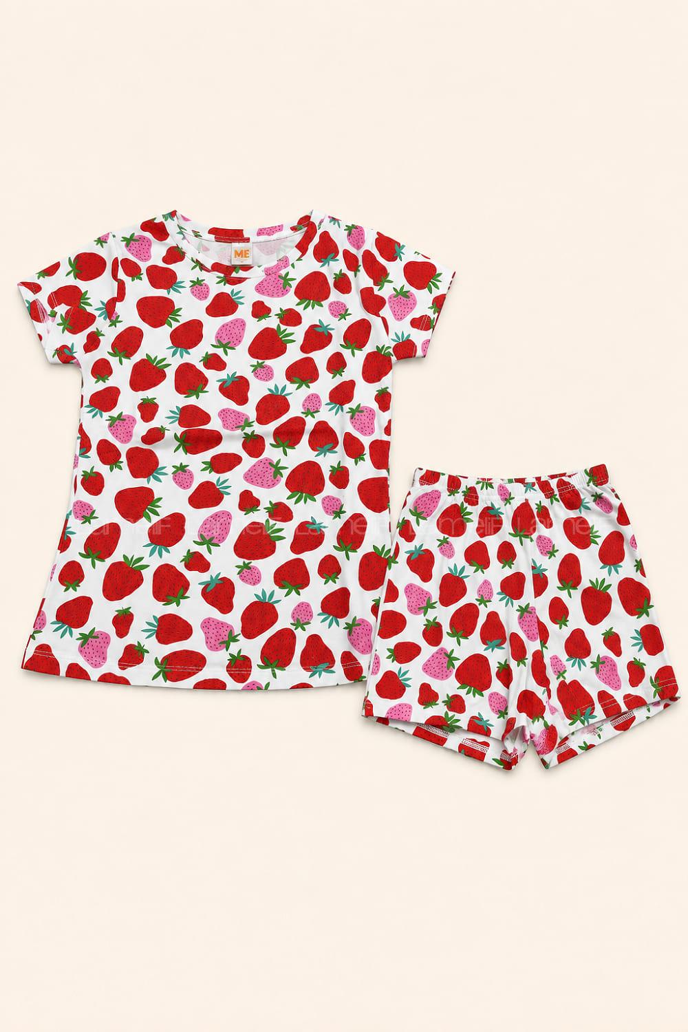 Lamelif Penye Likralı Çilek Desenli Pijama Takımı