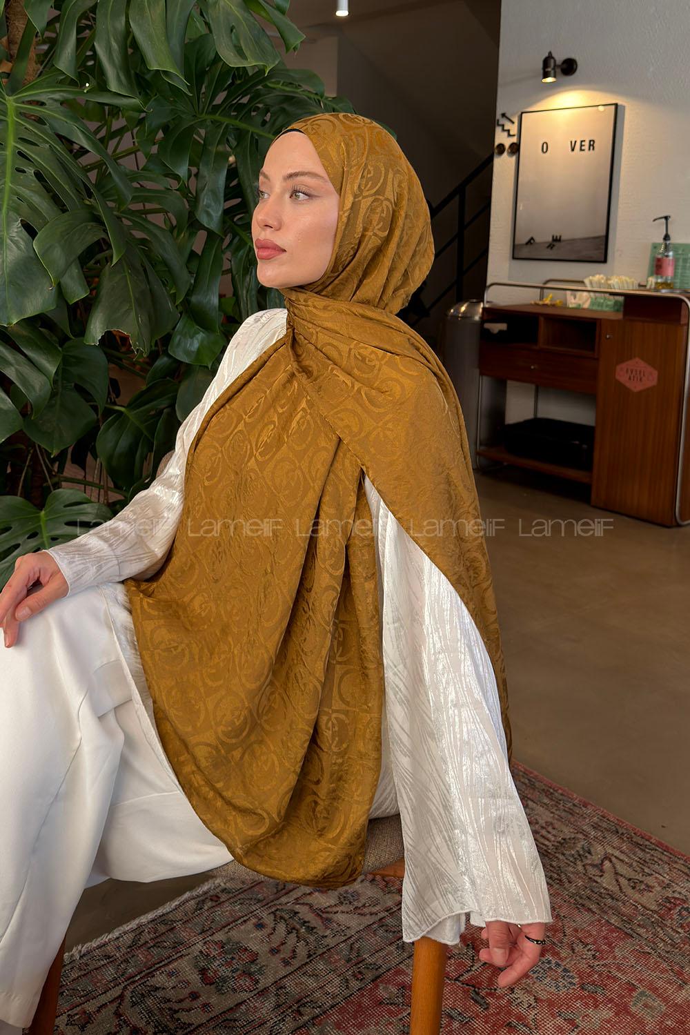 Lamelif  GG Desen Ayrobin Floş Jakar  Şal Camel