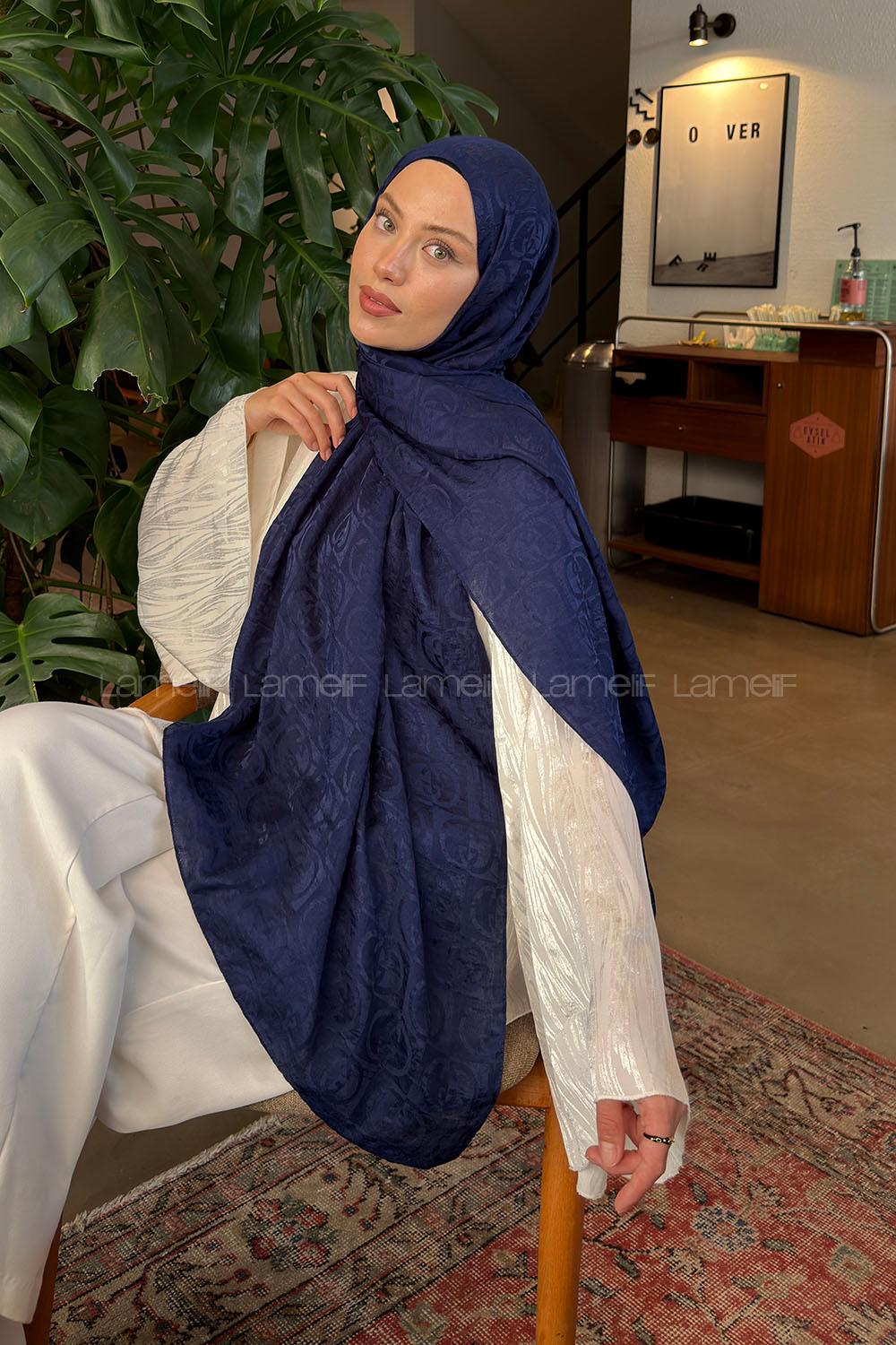 Lamelif  GG Desen Ayrobin Floş Jakar  Şal Gece Mavisi