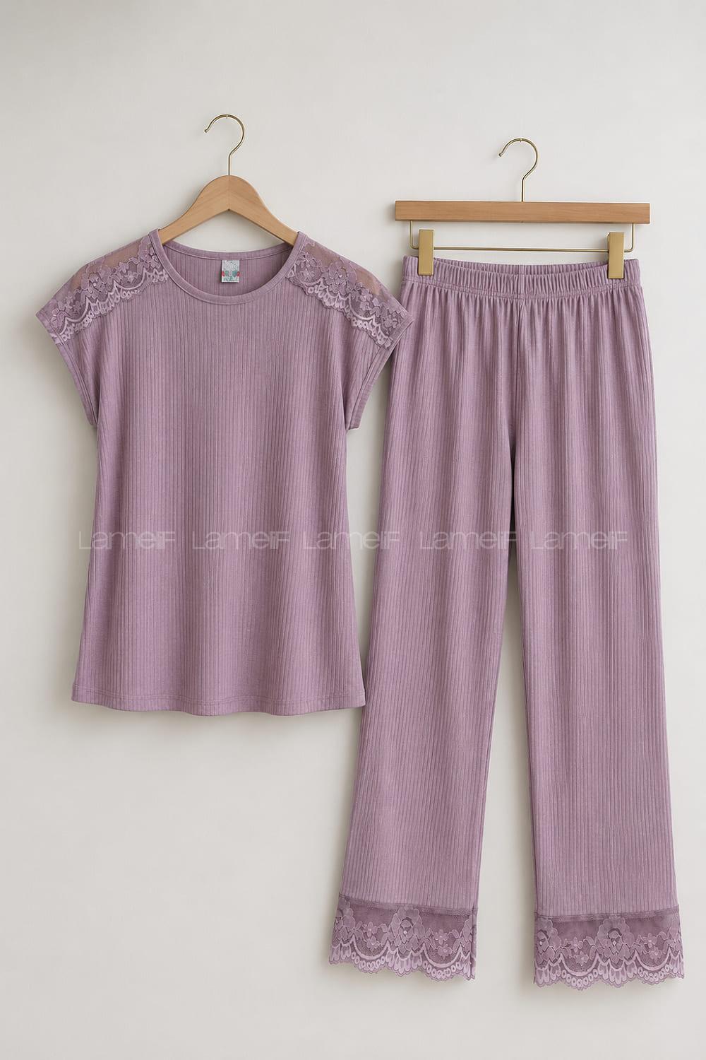Lamelif Yeşil Dantel Detaylı Soft Touch İnce Örme Pijama Takım