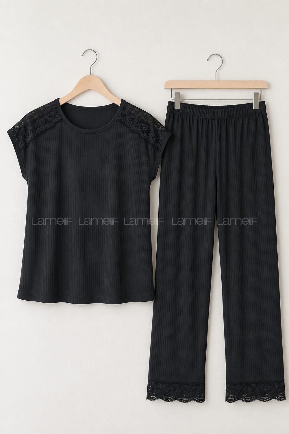 Lamelif Yeşil Dantel Detaylı Soft Touch İnce Örme Pijama Takım