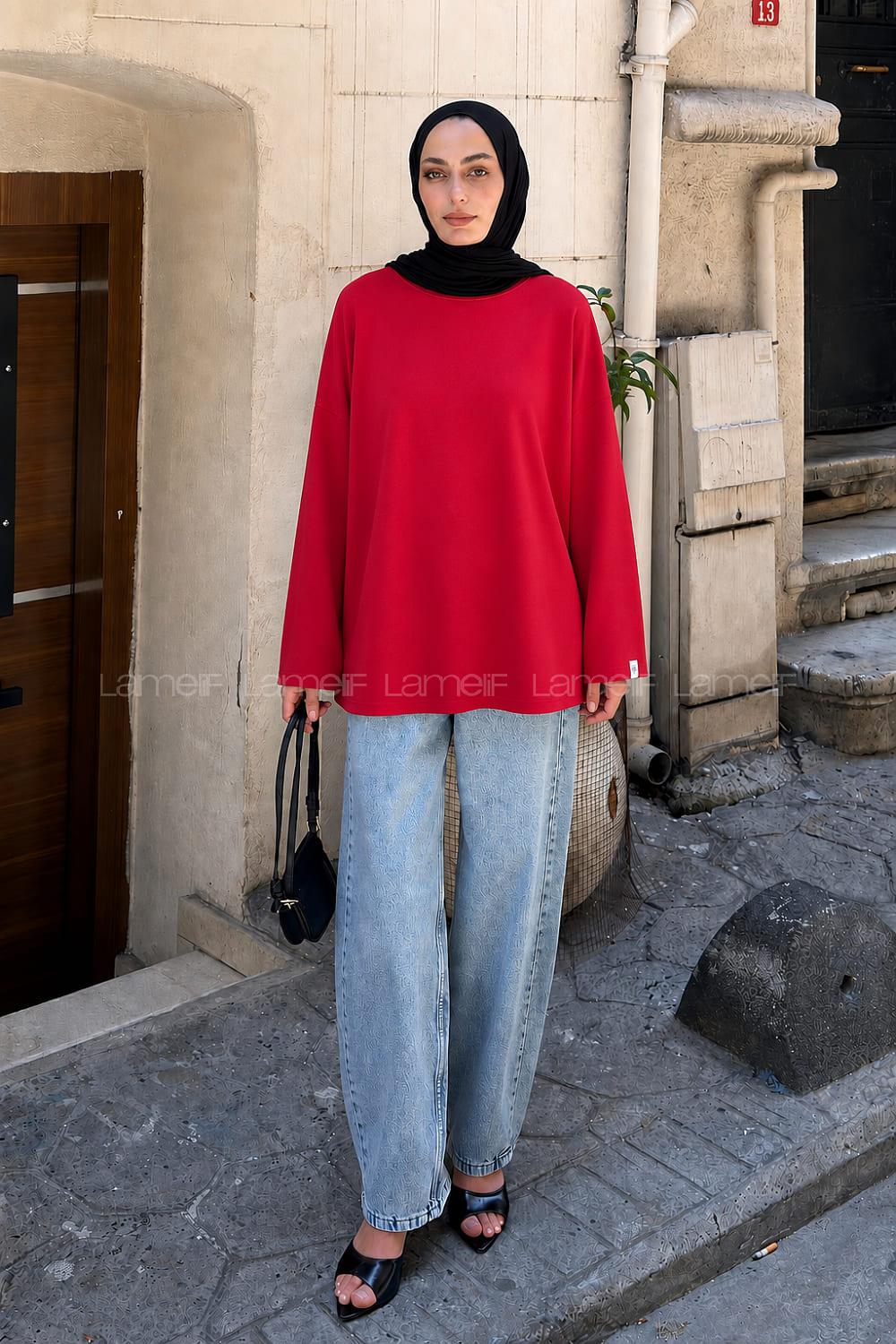 Red Crew Neck Long Arm Without Accessories Unprinted Blouse