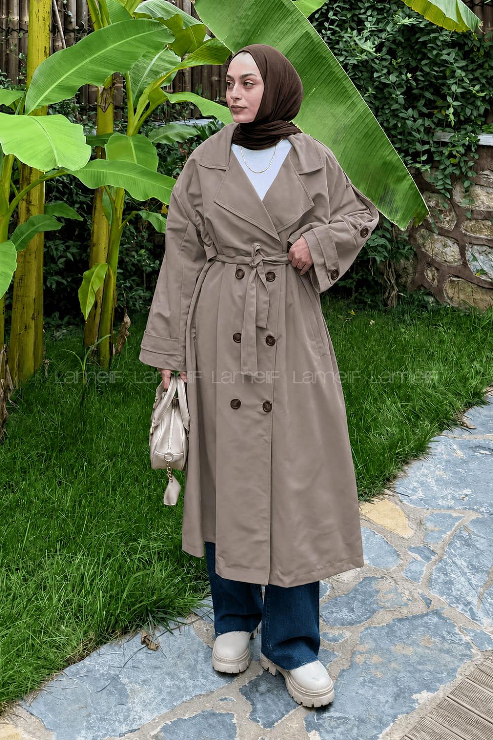 Lamelif Uzun Apoletli Oversize Trenç Vizonrengi