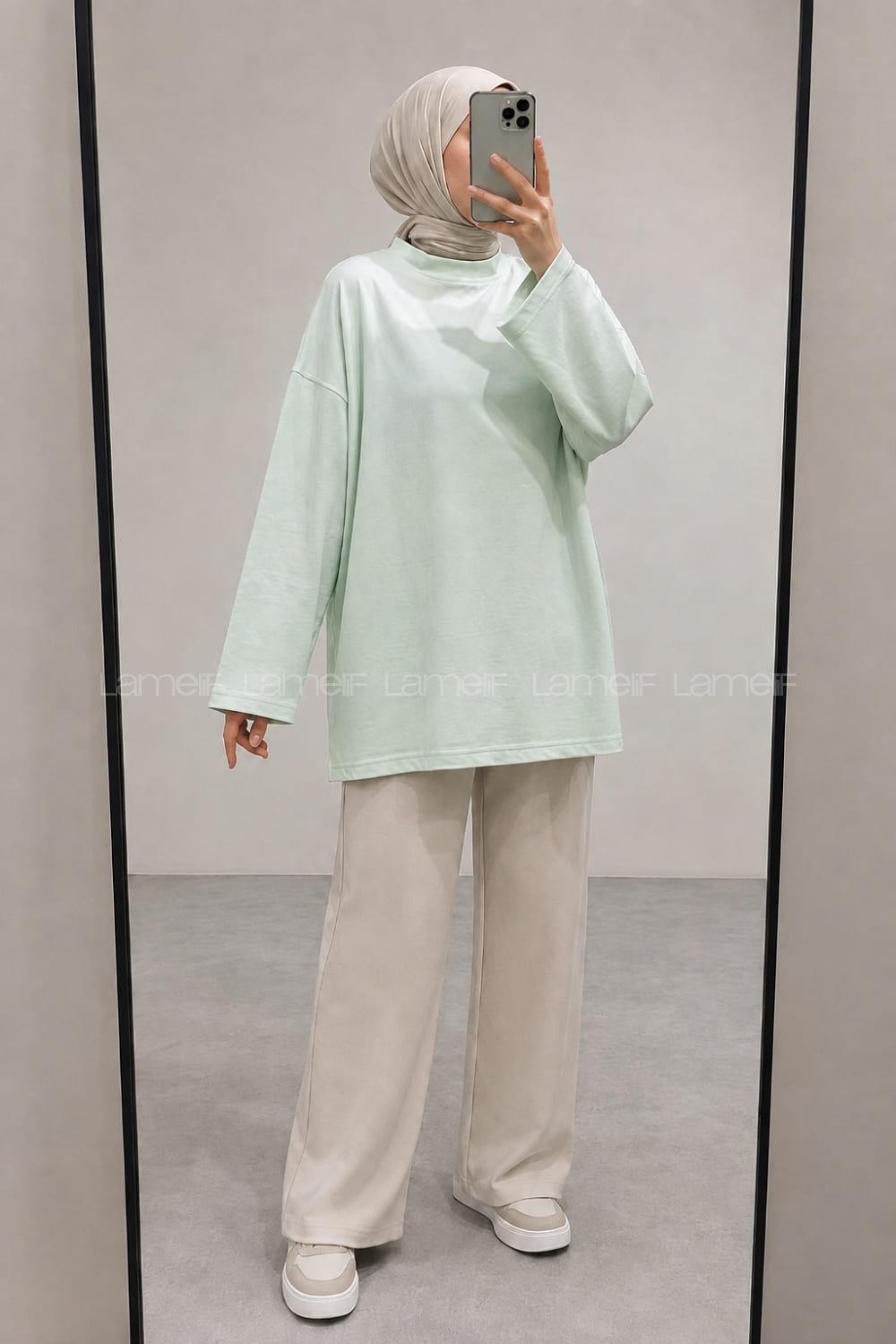 Lamelif Bisiklet Yaka İki İplik Sweat Mint Yeşili
