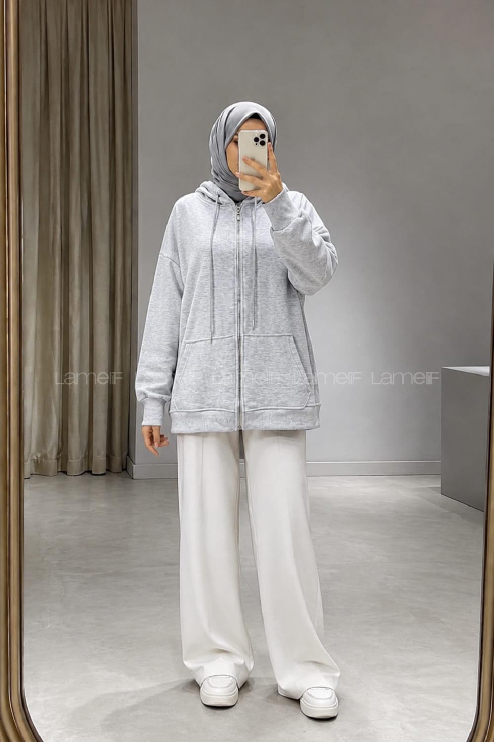 Lamelif Kapüşonlu Cep Detaylı Sweatshirt Hırka Fermuarlı Gri