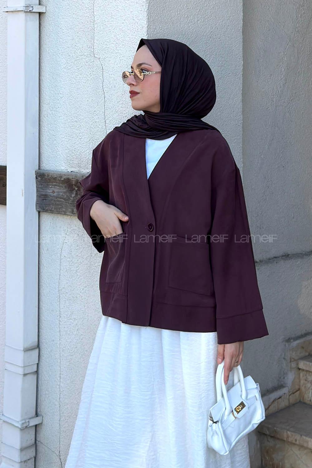 Lamelif Diegonel Cep Detaylı Ceket Mürdüm
