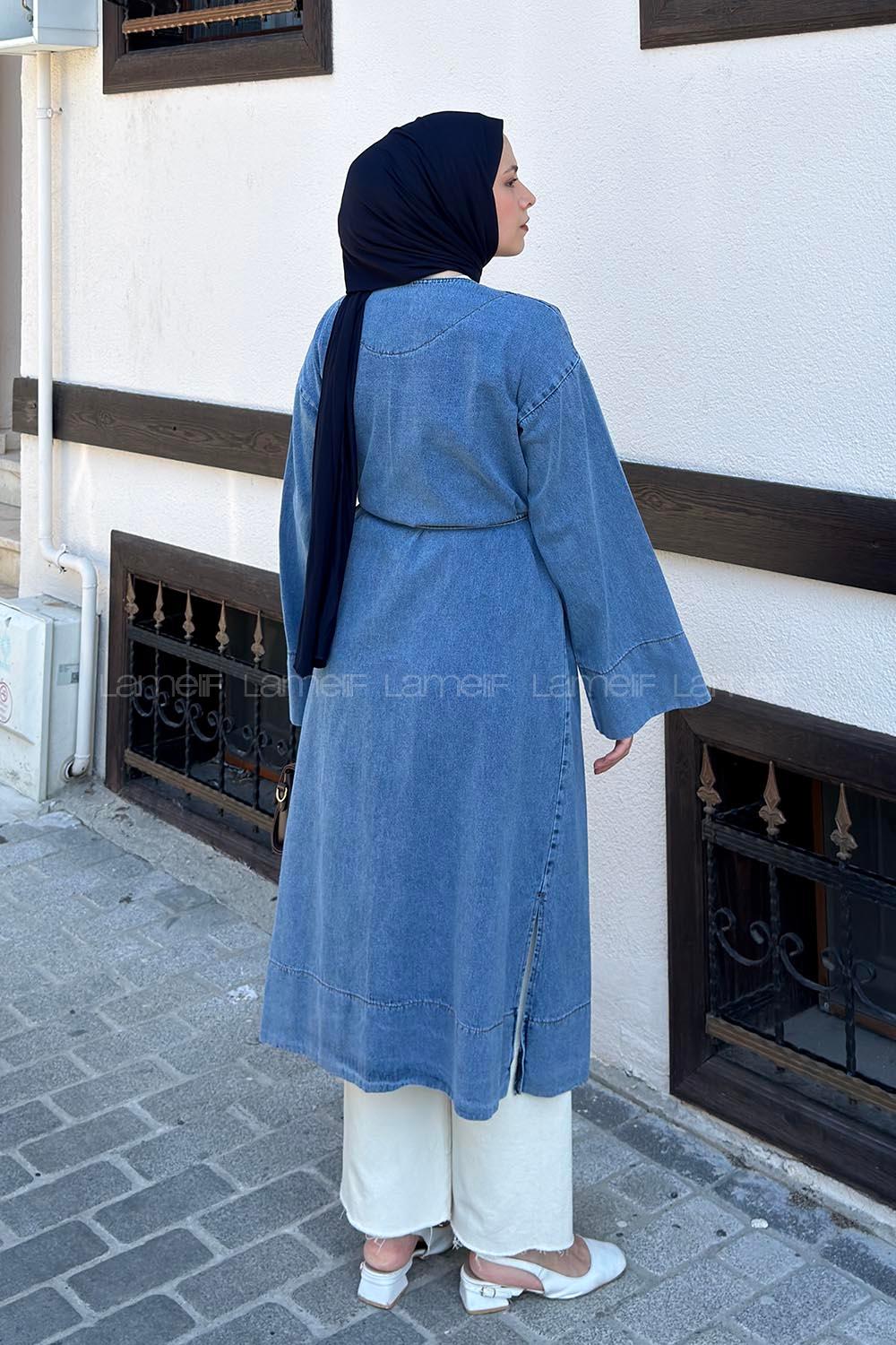 Lamelif Gold Broş Detaylı Denim Kimono Kot Mavisi