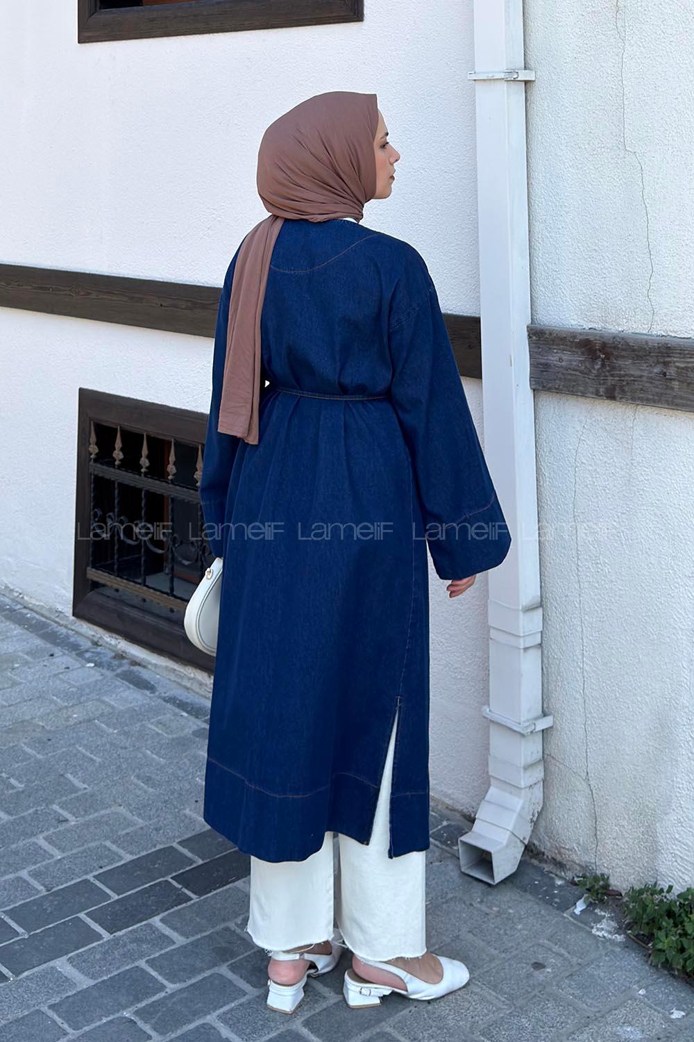 Lamelif Gold Broş Detaylı Denim Kimono Koyu Mavi