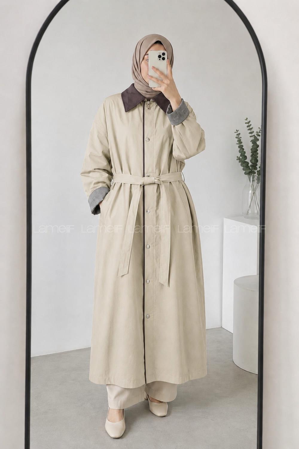 Lamelif Kemer Detaylı Oversize Trenç Bej