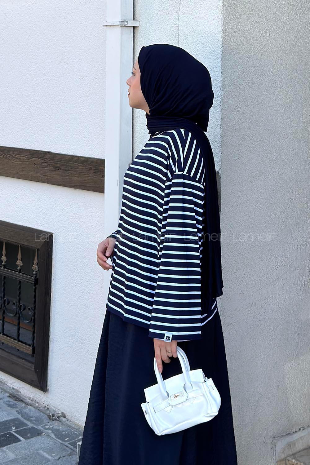 Navy Blue Crew Neck Long Arm Without Accessories Viscose Unprinted Blouse