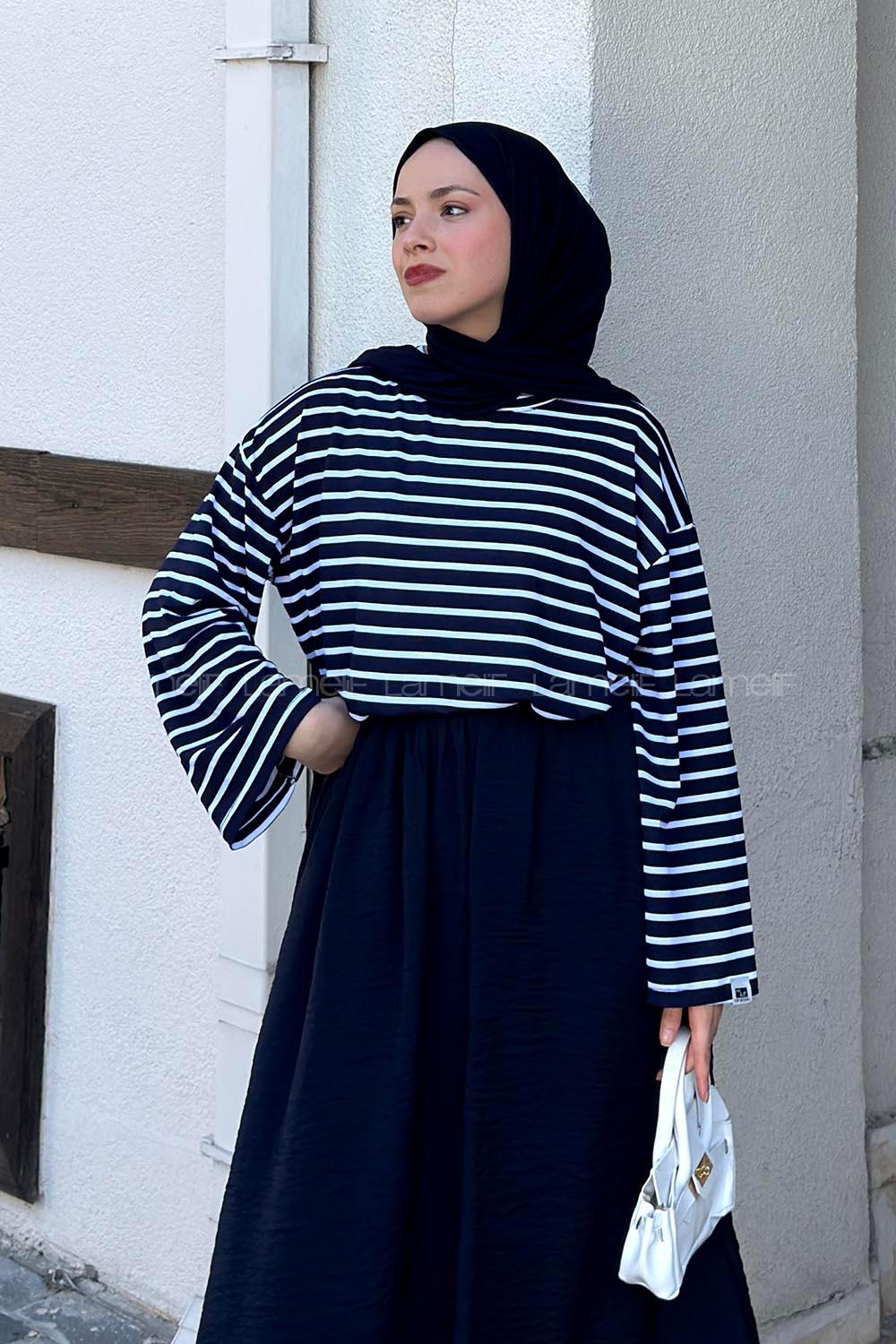Navy Blue Crew Neck Long Arm Without Accessories Viscose Unprinted Blouse
