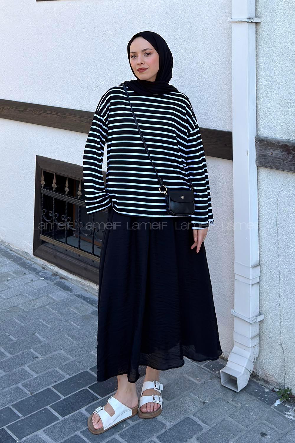 Black Crew Neck Long Arm Without Accessories Viscose Unprinted Blouse