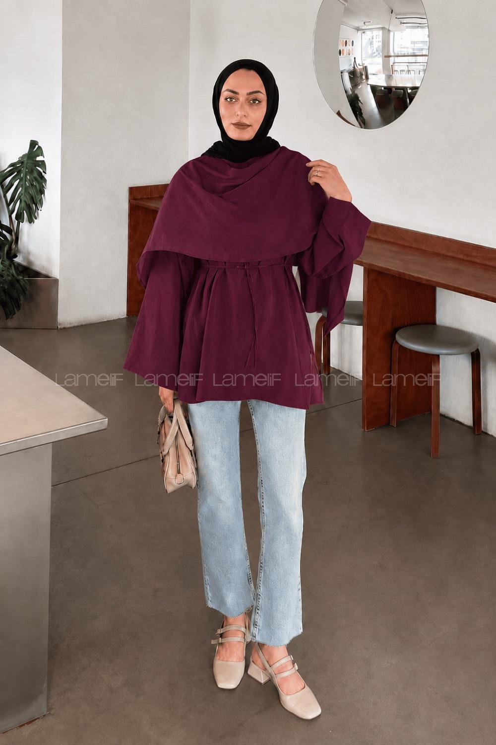 Lamelif Şallı Bağlama Detaylı Tunik Bordo
