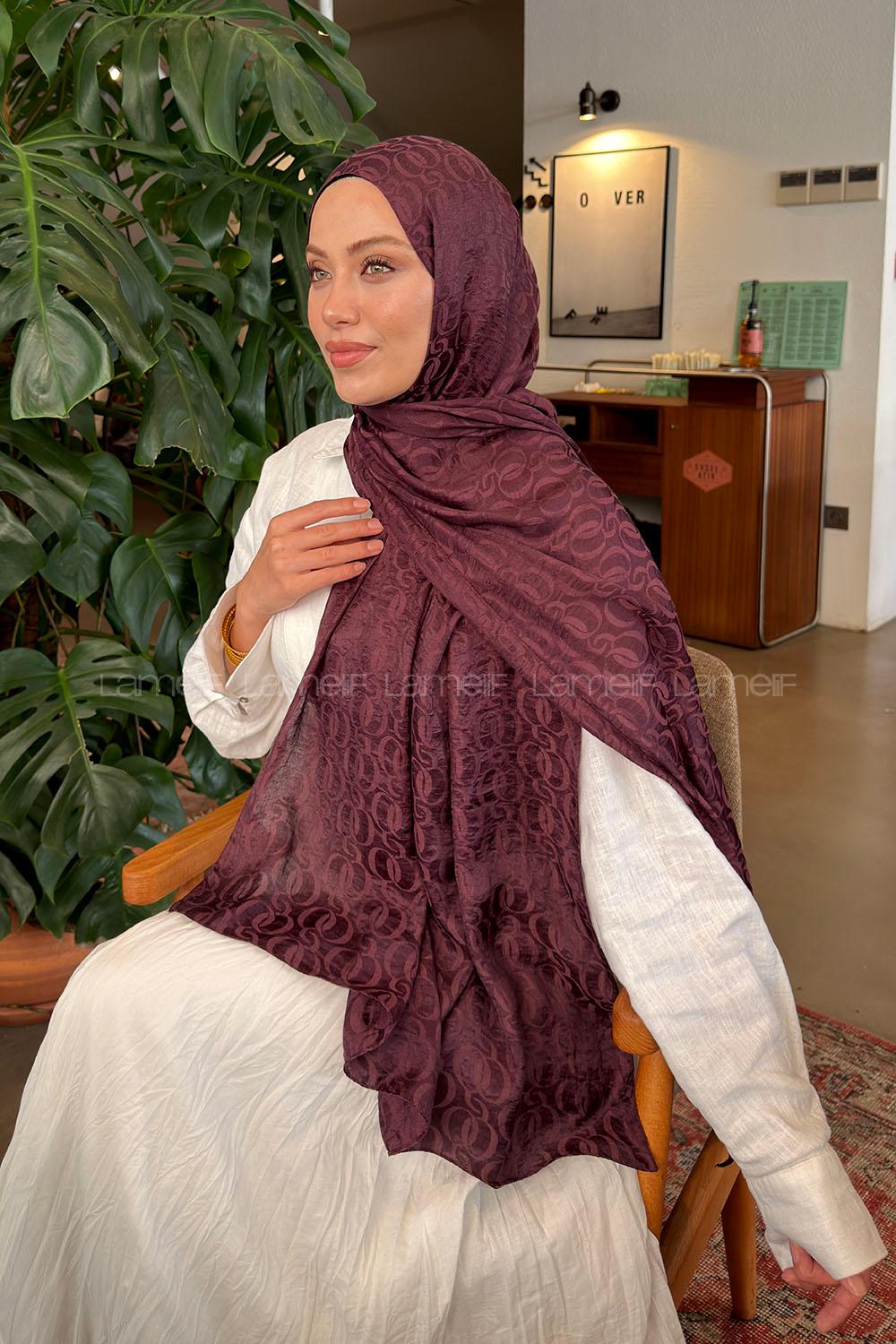 Lamelif QQ Desen Ayrobin Floş Jakar  Şal Mürdüm