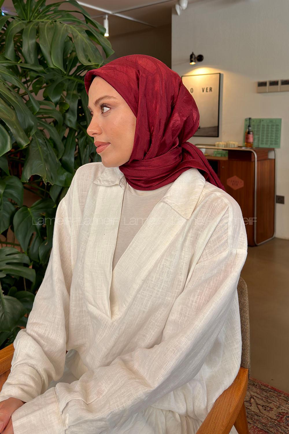 Lamelif Ağaçdalı Desen Ayrobin Floş Jakar Eşarp Bordo