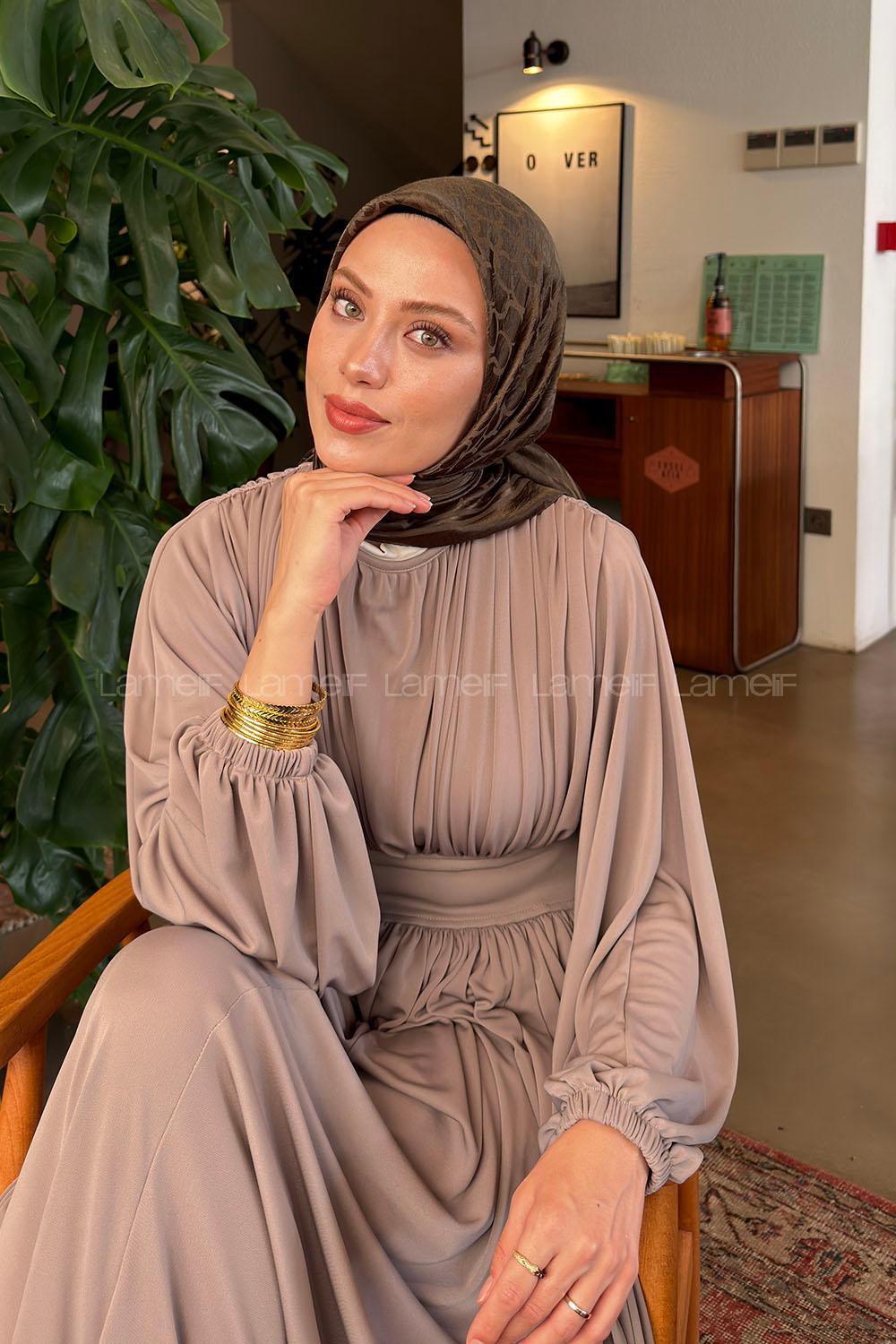 Lamelif Bloom Desen Ayrobin Floş Jakar Eşarp Koyu Yeşil