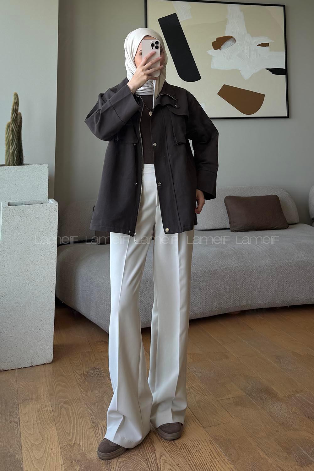 Brown Neckband Long Arm Cotton Fabric Jacket