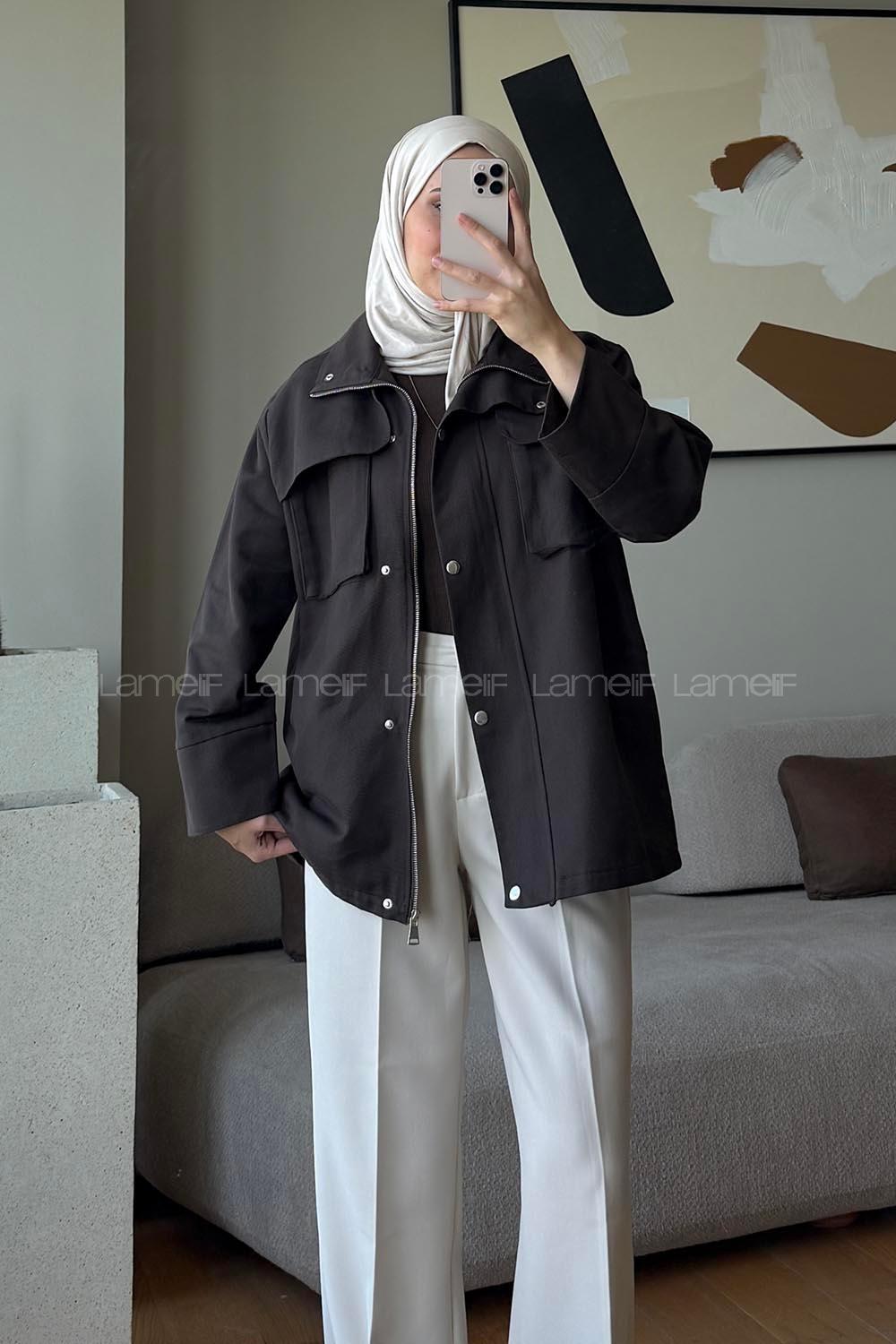 Brown Neckband Long Arm Cotton Fabric Jacket