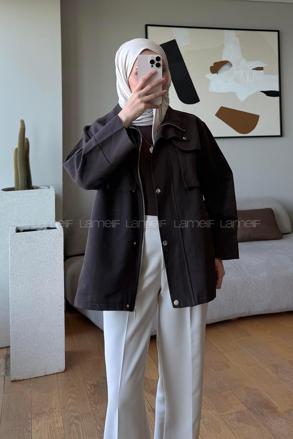 Brown Neckband Long Arm Cotton Fabric Jacket
