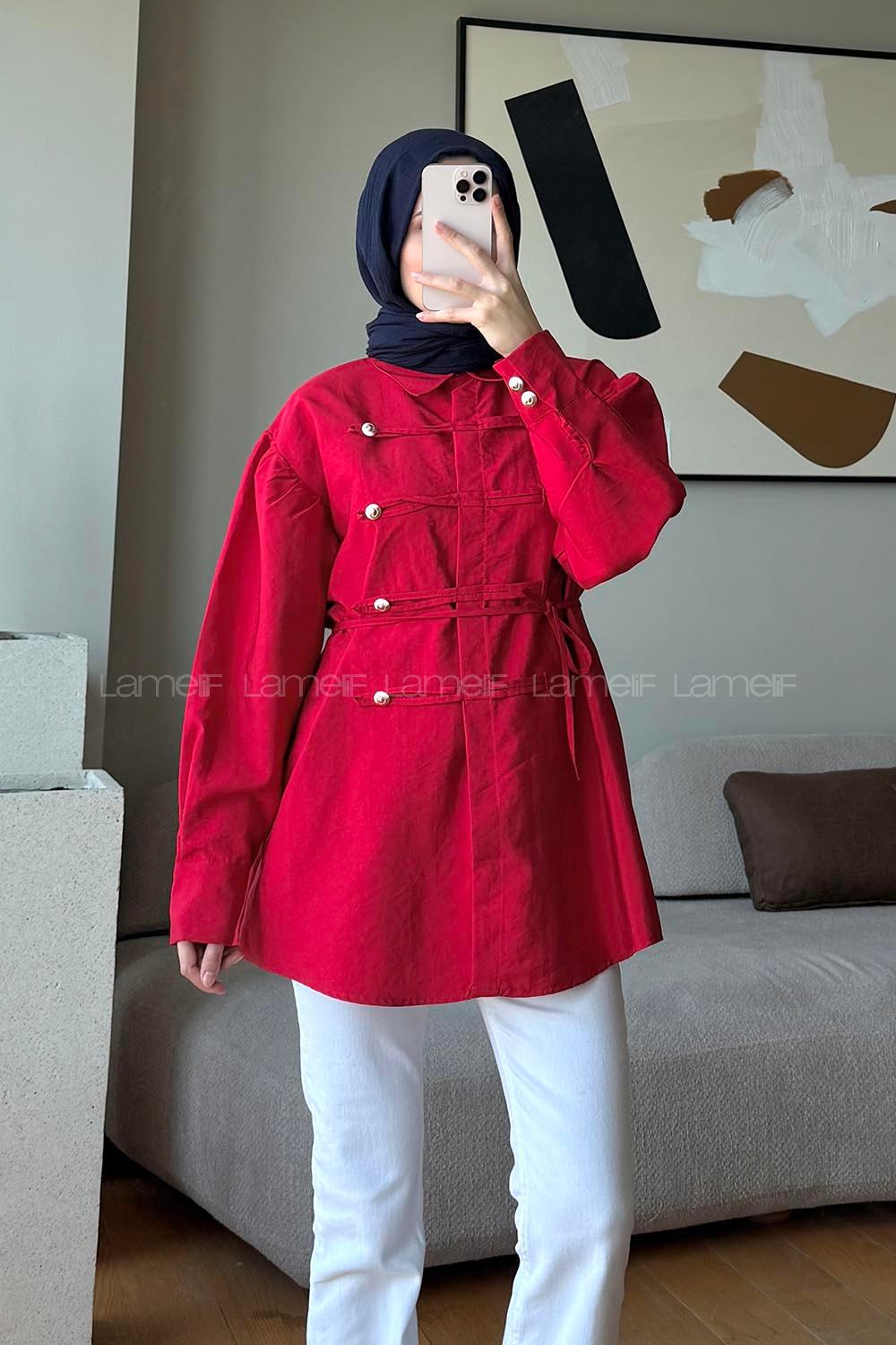 Lamelif Gömlek Yaka Süs Düğme Bağlamalı Tunik Kırmızı