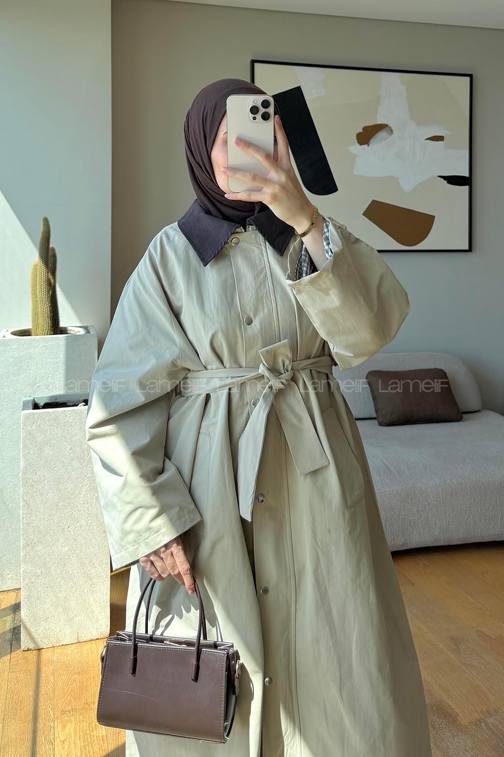 Lamelif Kemer Detaylı Oversize Trenç Bej