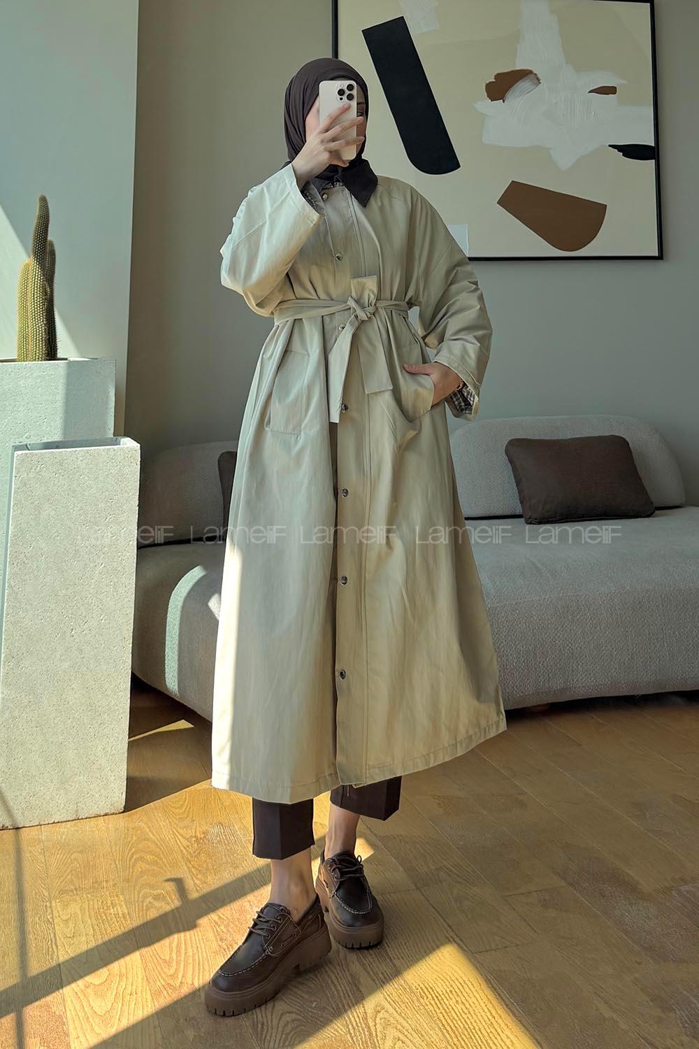 Lamelif Kemer Detaylı Oversize Trenç Bej