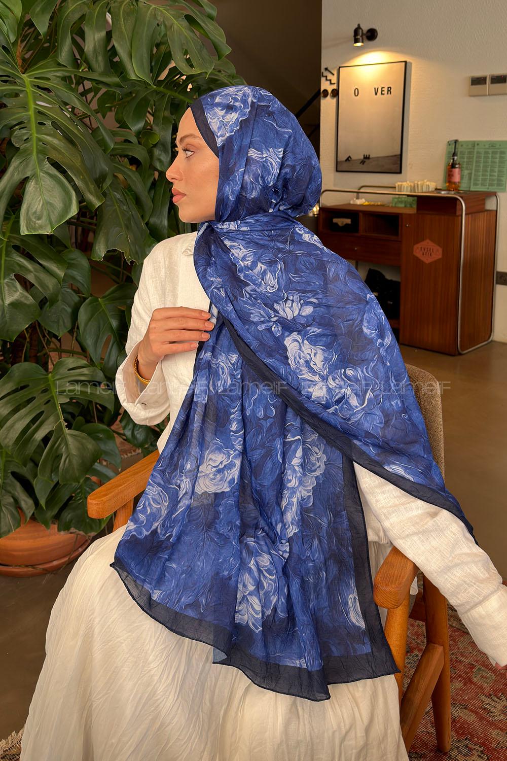 Lamelif Vintage Flower Desen Bambu Şal Gece Mavisi