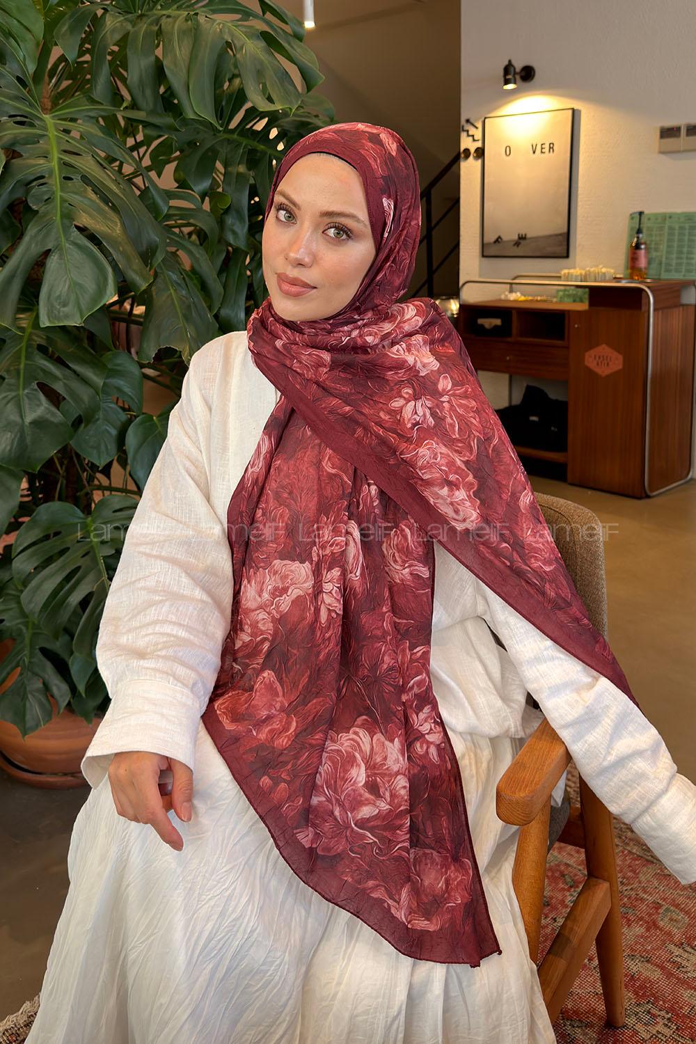 Lamelif Vintage Flower Desen Bambu Şal Koyu Bordo