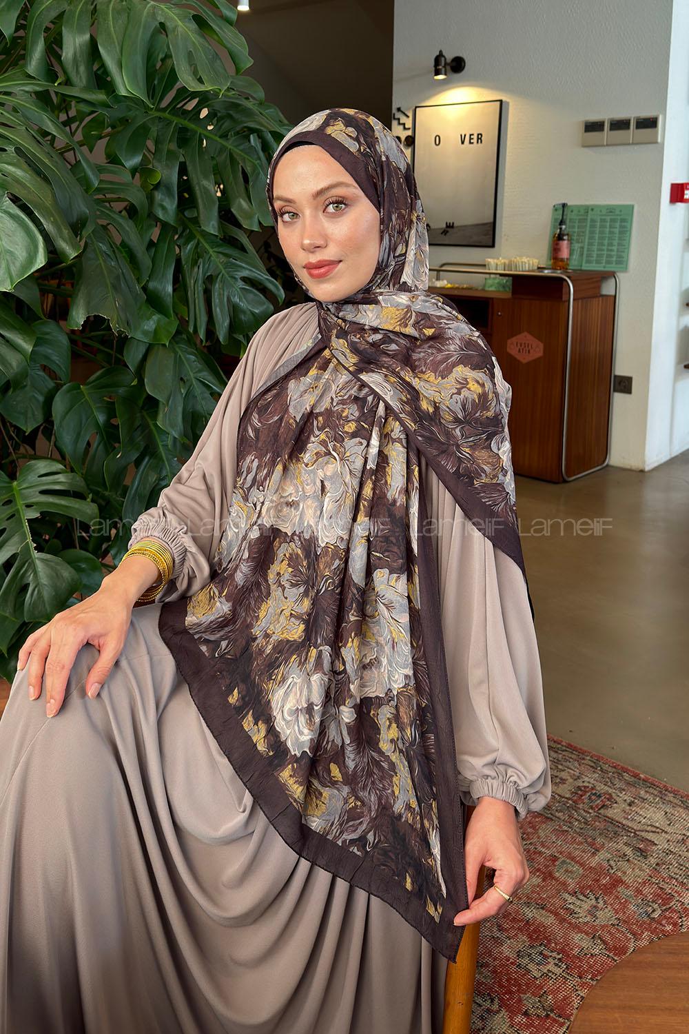 Lamelif Vintage Flower Desen Bambu Şal Koyu Kahve