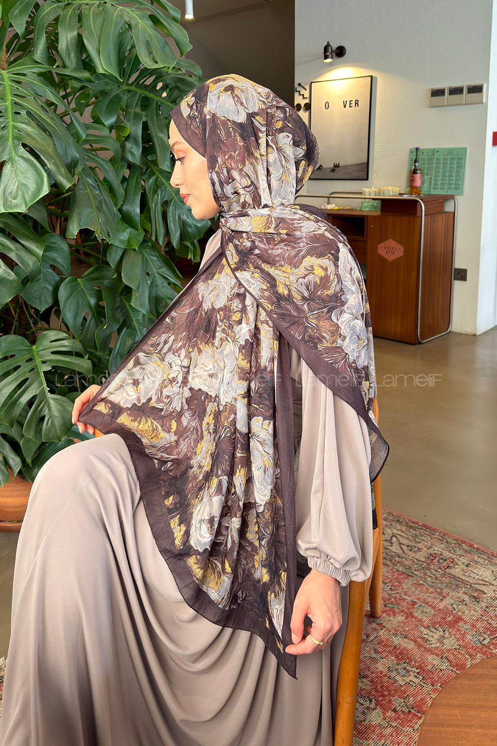 Lamelif Vintage Flower Desen Bambu Şal Koyu Kahve