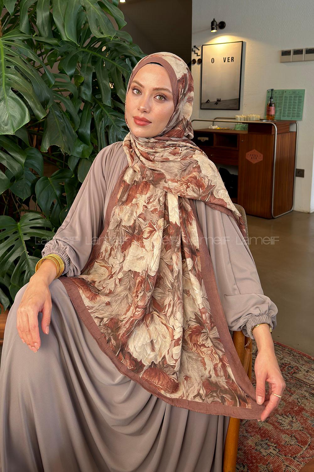 Lamelif Vintage Flower Desen Bambu Şal Sütlü Kahve