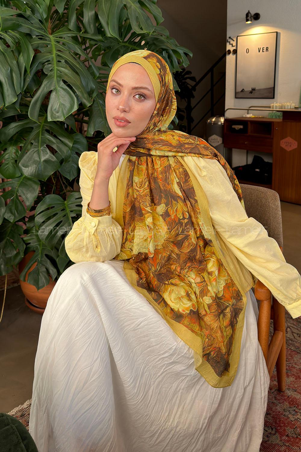 Lamelif Vintage Flower Desen Bambu Şal Yağ Yeşili