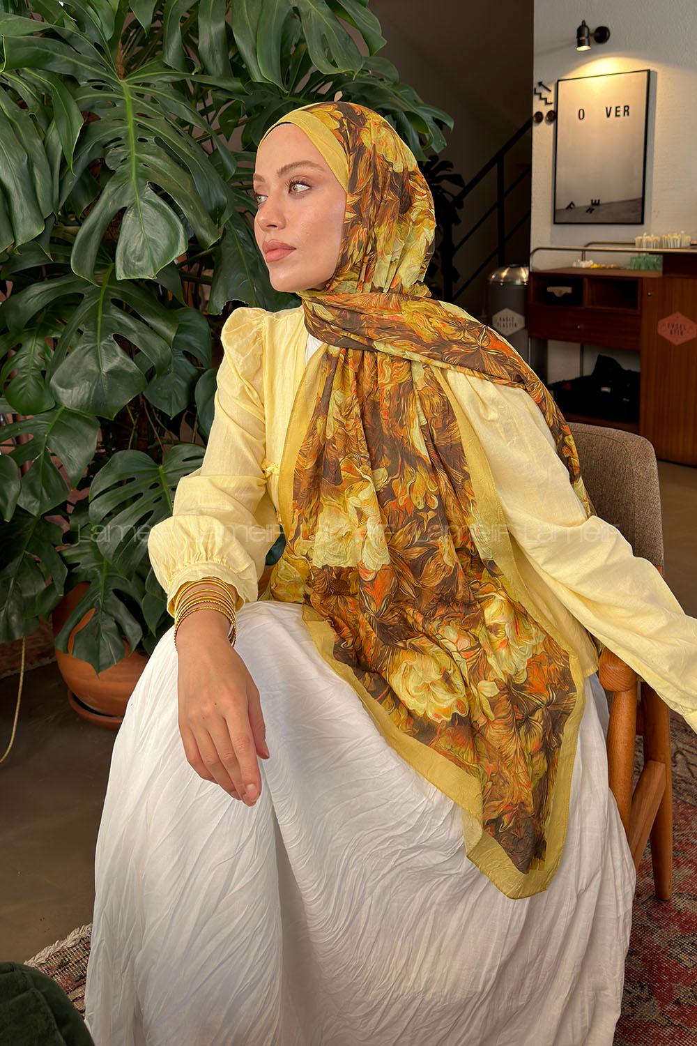 Lamelif Vintage Flower Desen Bambu Şal Yağ Yeşili