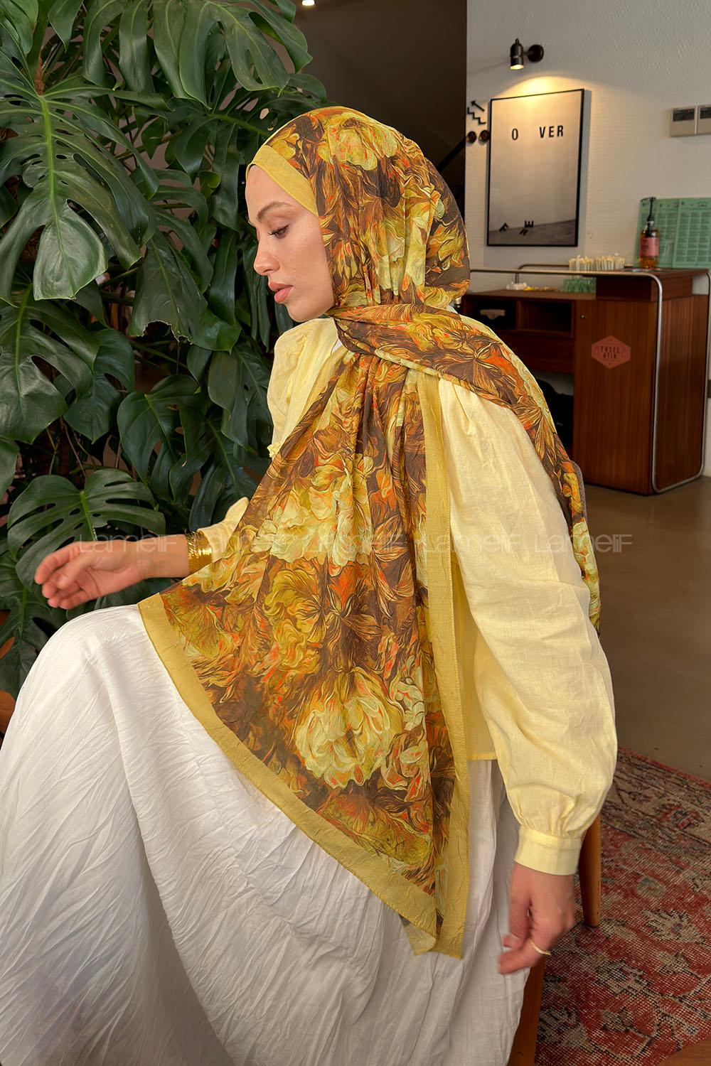 Lamelif Vintage Flower Desen Bambu Şal Yağ Yeşili